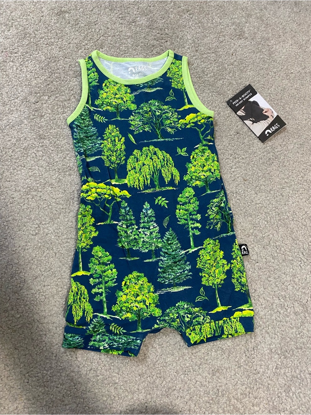 Rags to Raches Navy and Neon Green Tree-Print Kids One-Piece